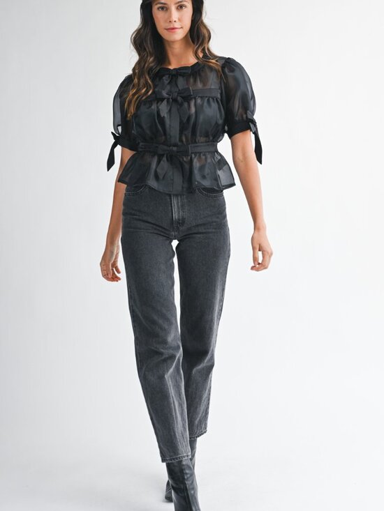 NWT Mable Black Aurelie Organza Bow Puff Short Sleeve Top - Picture 5 of 6